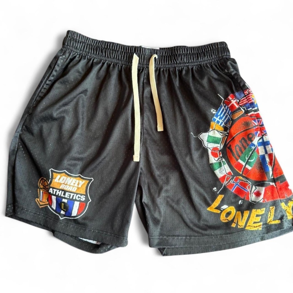Y2K‎ Lonely Road Club Basketball Shorts XL Black Streetwear Graphic Flags